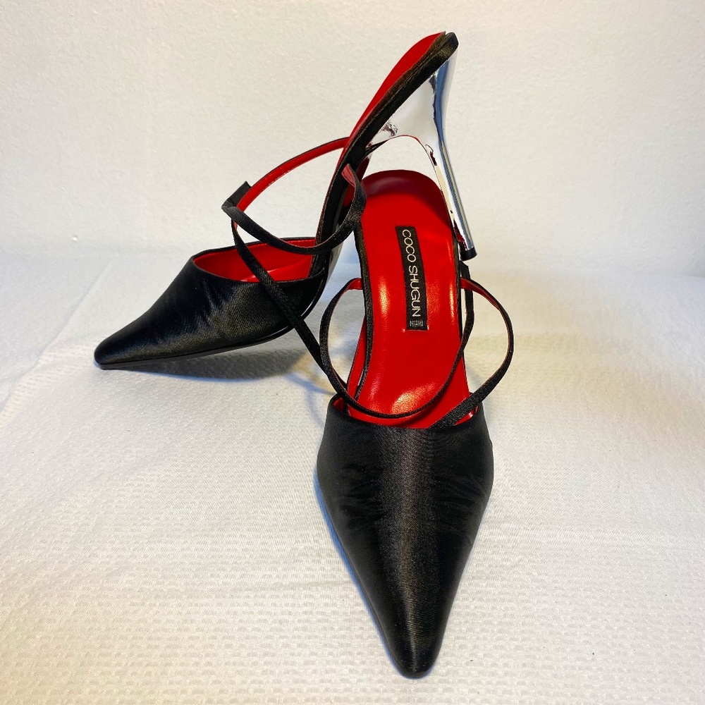 Coco Shugun Ankle Strap Chrome Stiletto Heels Black and Red Size 6